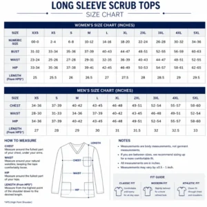 long sleeve scrub tops size chart