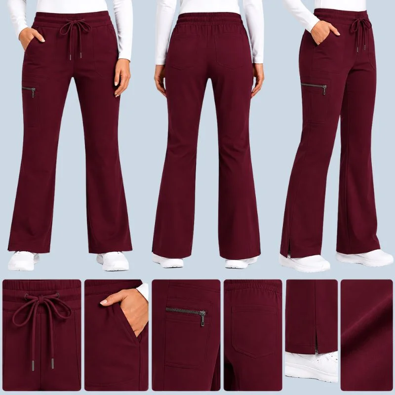 Women's Flare Scrub Pants | 4-Way Stretch & Durable Bottoms 5 Burgundy flare scrub pants for woman