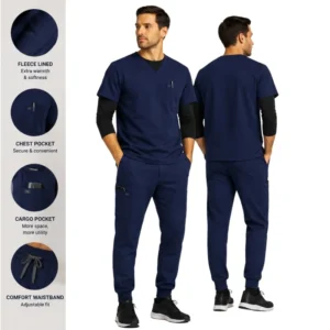 Man wearing fleece lined scrubs for men with detailed view of material used in our scrubs