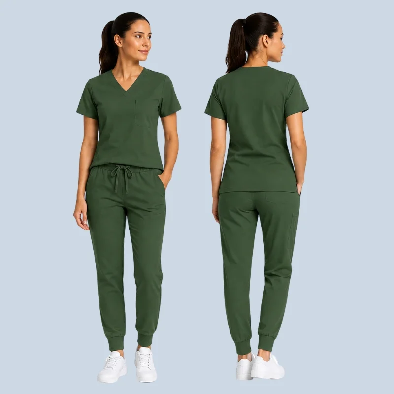 Fleece Lined Scrubs __ Stay Warm Every Shift 3 Fleece lined scrubs for women in green, front and back view