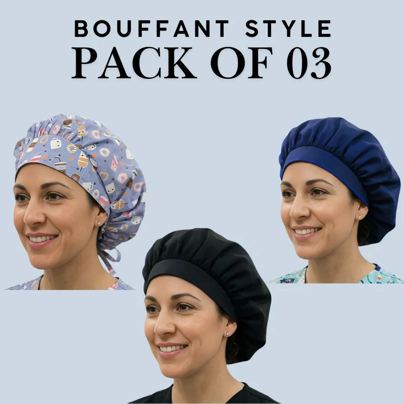 Premium Comfort Bouffanr Scrub Caps- Pack of 3 (Navy, Black, & Sweet Treats Print)